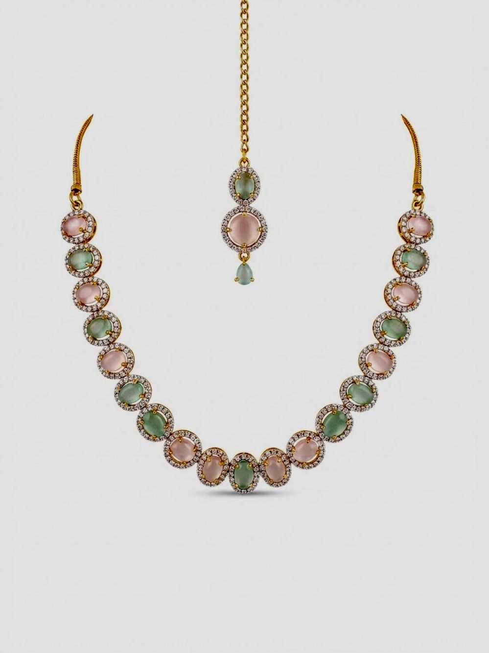 Gold-tone Pink and Mint Oval Crystal Necklace & Earring Set with Monalisa Stone - Picture 6 of 6